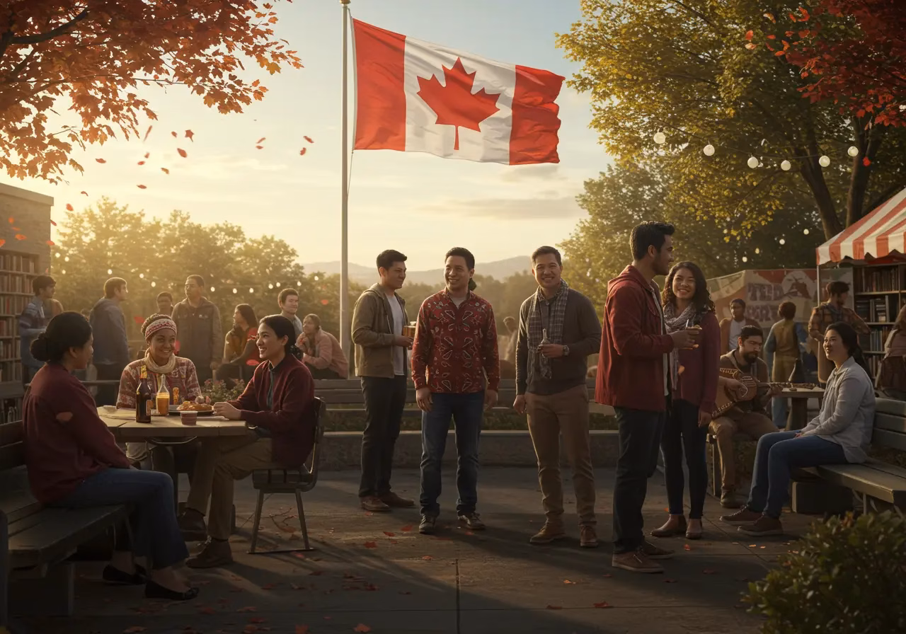 Alt Text 1: Newcomers and locals building community and making friends at a Canadian outdoor event with the national flag in the background. Alt Text 2: Diverse group of people connecting and socializing during a community gathering in Canada, representing friendship and cultural integration. Alt Text 3: Multicultural individuals participating in a Canadian event focused on making friends and fostering community among newcomers. Alt Text 4: Friendly outdoor event in Canada where newcomers and residents interact and build strong community connections under the national flag.
