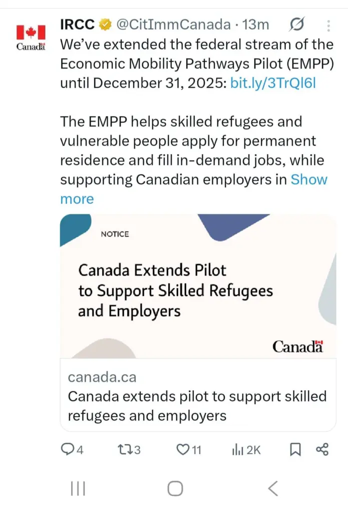 Canada has extended the EMPP federal stream until December 31, 2025